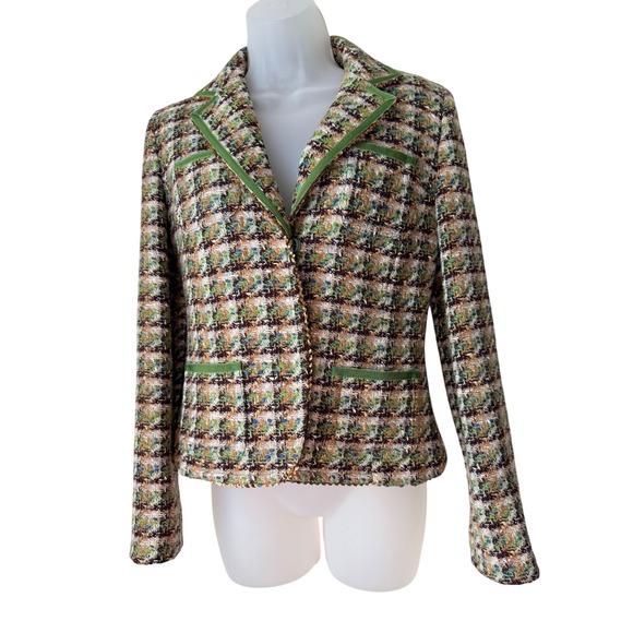 MARELLA Jackets & Blazers - Marella Italy Virgin Wool Tweed Blazer Jacket Green Brown Sequin Trim Size 6